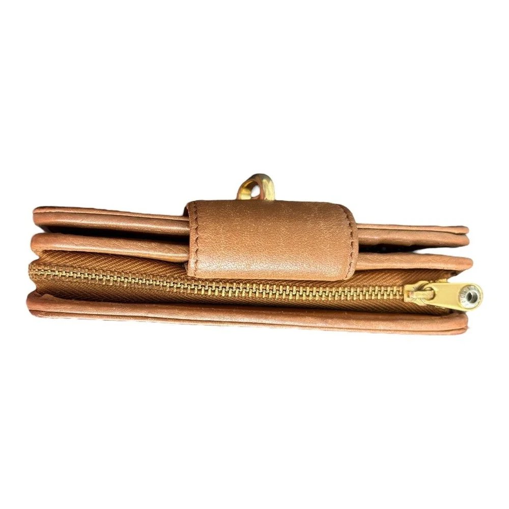 Henri Bendel‎ Leather Wallet Brown Bifold Turn Lock Zip Side Two Compartment